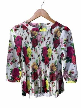 NEW Ted Baker White Floral Pleated Top with Pink & Yellow Roses Size XL/14